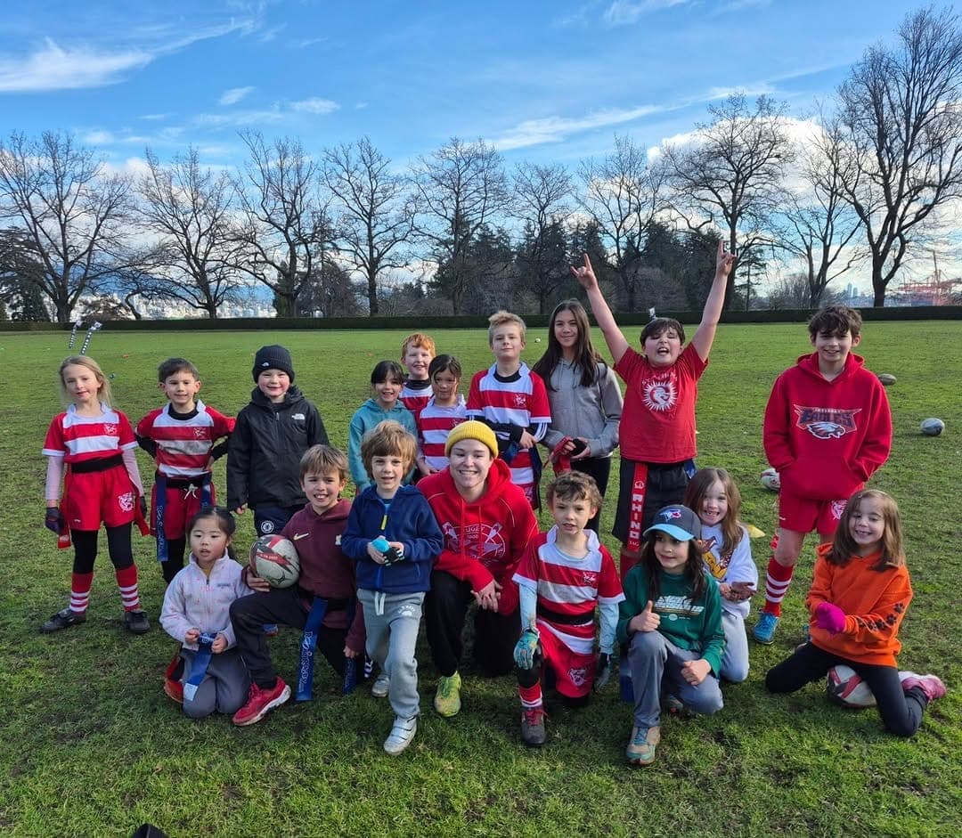 VRC Rugby Mini and Youth players in a group photo at Brockton Oval in Stanley Park, Vancouver