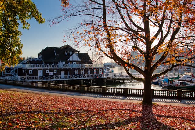 The Vancouver Rowing Club clubhouse on Coal Harbour in autumn, with fall colours and the marina behind