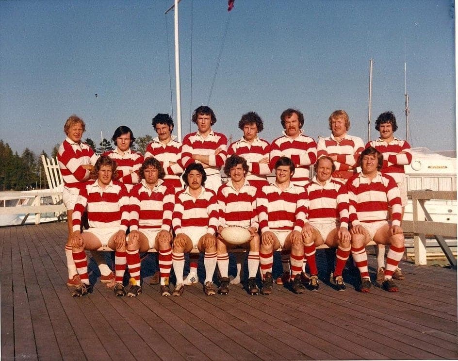 Vancouver Rowing Club rugby squad on the dock at the Coal Harbour clubhouse, 1970s
