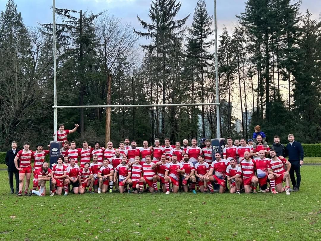 VRC Rugby men's senior squad team photo under the posts at Brockton Oval, Stanley Park