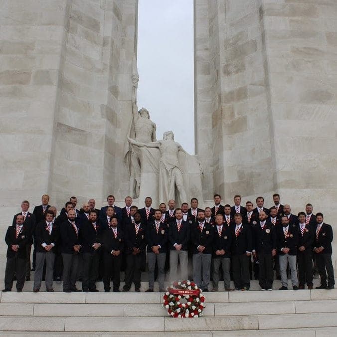 Vancouver Rowing Club rugby touring side on the steps of the Vimy Memorial in France