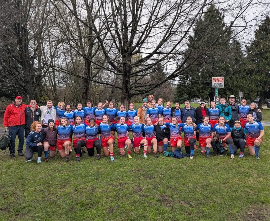 VRC Rugby senior women's squad in BC Rugby Division 2 lined up at Brockton Oval in Stanley Park, Vancouver